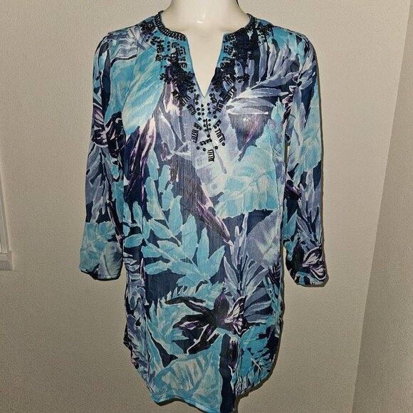 NEW Tantrums Blue Tropical Sheer Shirt Cover-Up Size Small Beaded Floral Vaca - Picture 1 of 11